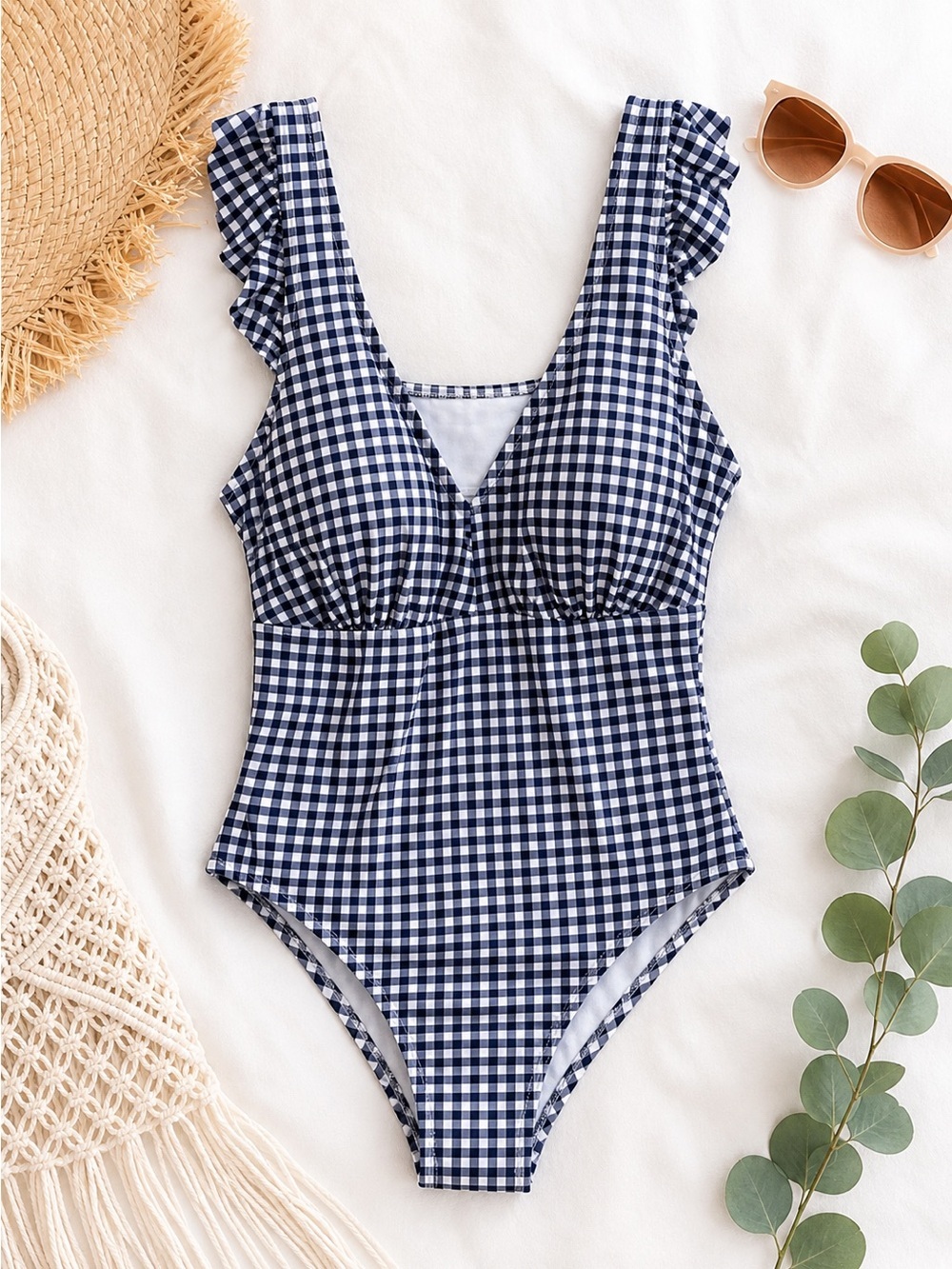 Kona Sol Blue and White Checkered Swimsuit